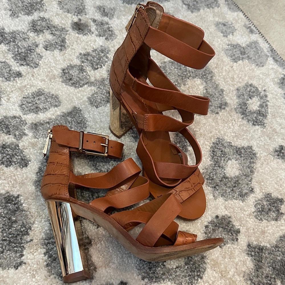 BCBGMaxAzria Brown Strappy Wedge Sandals with rose gold heel
